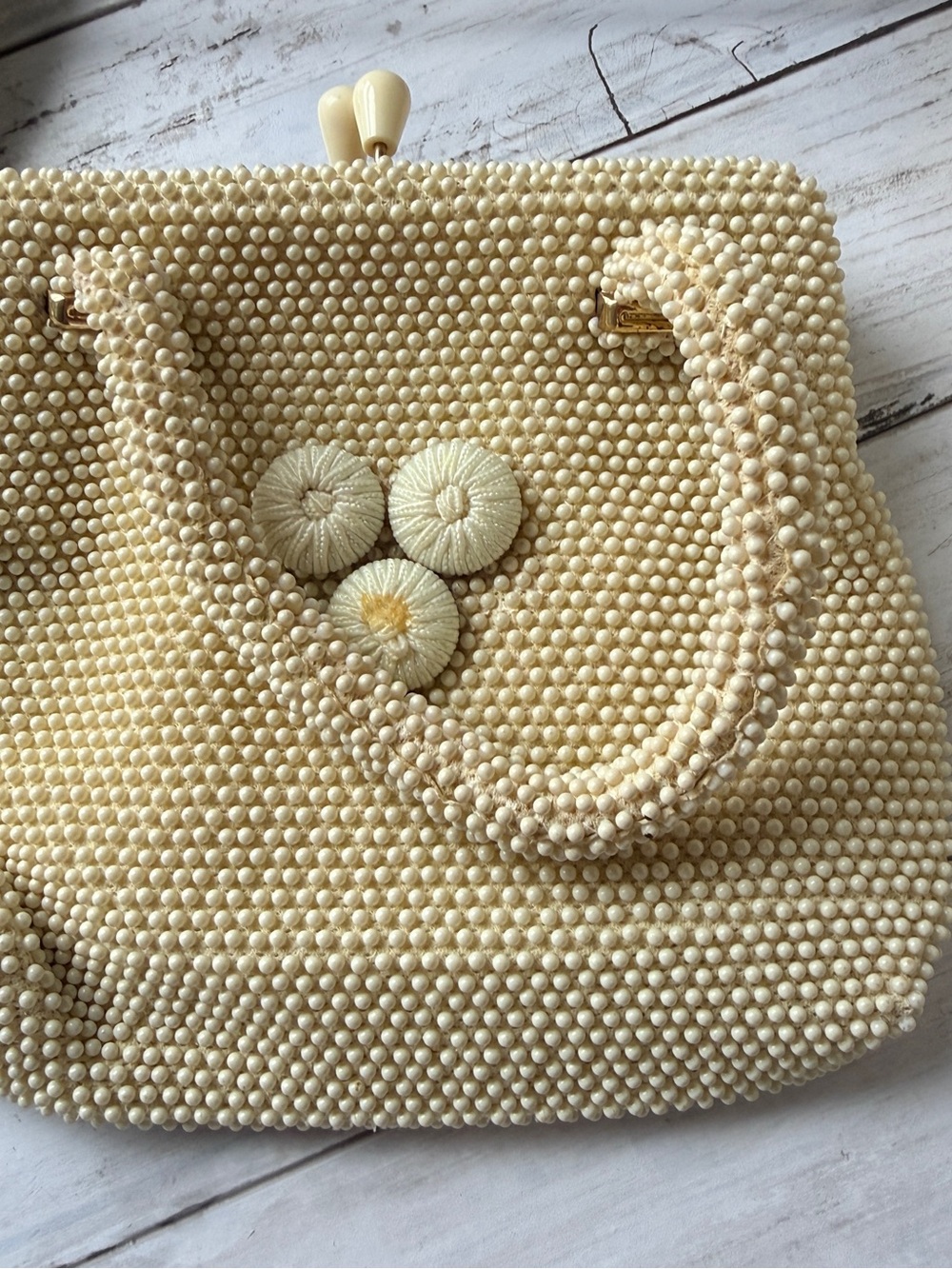 Source Unknown Cream Beaded Top-Handle Clutch